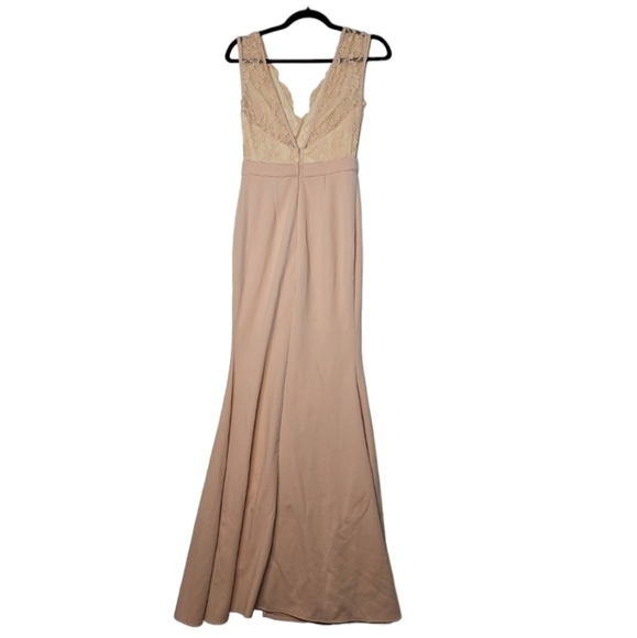 Maniju Blush Beige Scalloped V Neck Lace Sleeveless Top Side Slit Maxi Dress S - Picture 11 of 13
